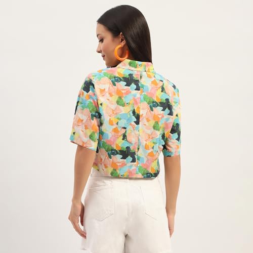 Madame Graphic Print Cotton Sky Blue Cropped Shirt