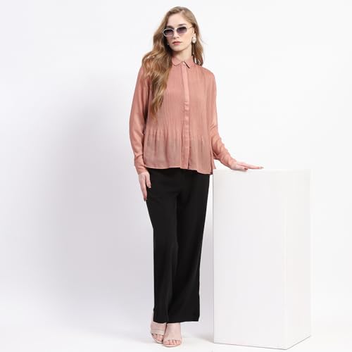 Madame Shimmer Pleated Hem Sheer Peach Shirt