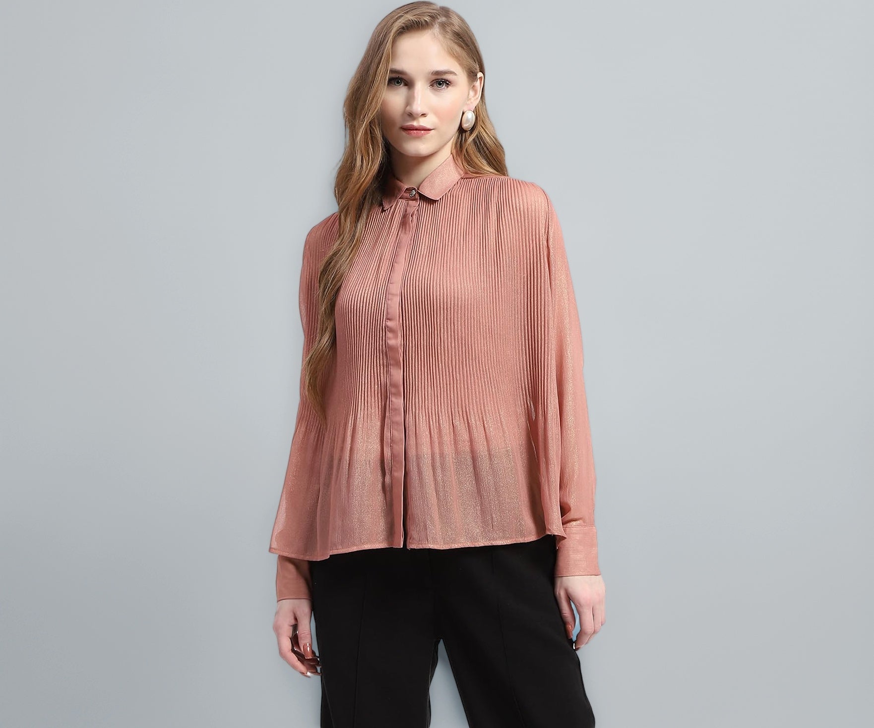 Madame Shimmer Pleated Hem Sheer Peach Shirt