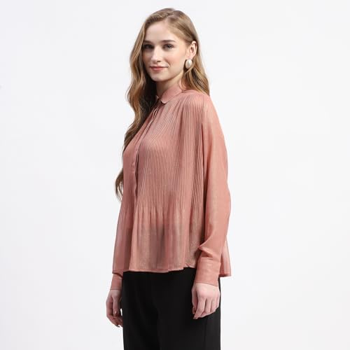 Madame Shimmer Pleated Hem Sheer Peach Shirt