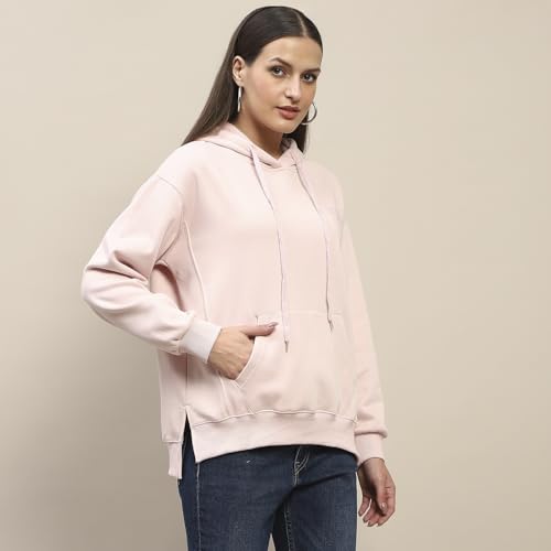 Madame Cotton Placement Print Hooded Dusty Pink Sweatshirt for Women