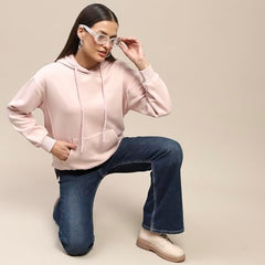 Madame Cotton Placement Print Hooded Dusty Pink Sweatshirt for Women