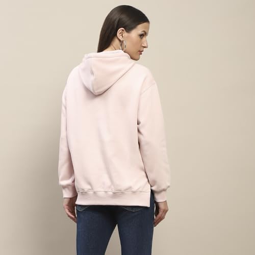 Madame Cotton Placement Print Hooded Dusty Pink Sweatshirt for Women