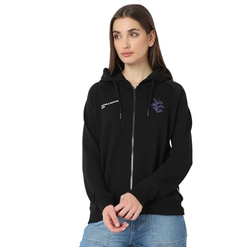 Spykar Women Full Sleeve Hood Regular Fit Black Casual Sweatshirt