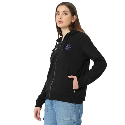 Spykar Women Full Sleeve Hood Regular Fit Black Casual Sweatshirt