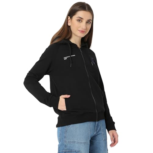 Spykar Women Full Sleeve Hood Regular Fit Black Casual Sweatshirt