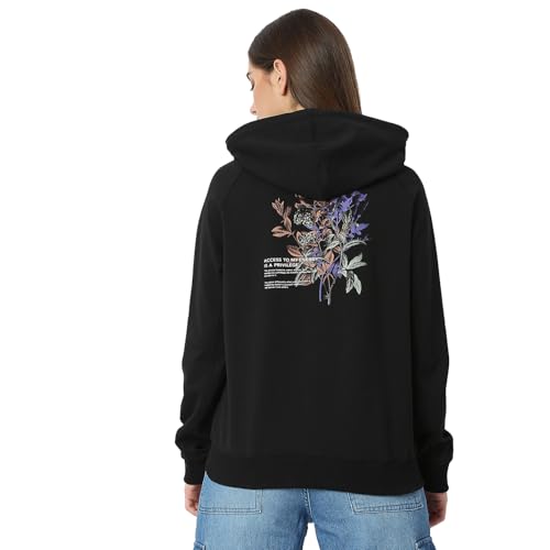 Spykar Women Full Sleeve Hood Regular Fit Black Casual Sweatshirt