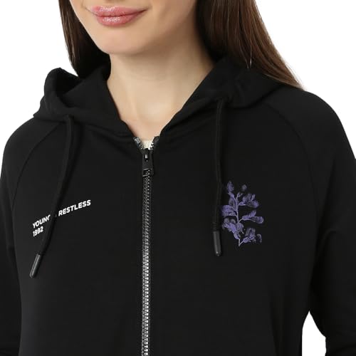 Spykar Women Full Sleeve Hood Regular Fit Black Casual Sweatshirt