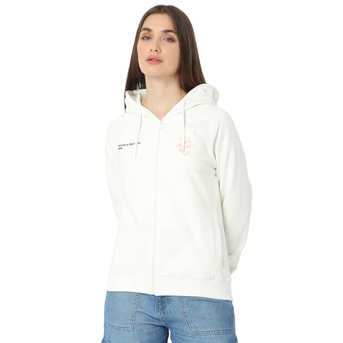 Spykar Women Full Sleeve Hood Regular Fit White Casual Sweatshirt