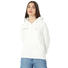 Spykar Women Full Sleeve Hood Regular Fit White Casual Sweatshirt