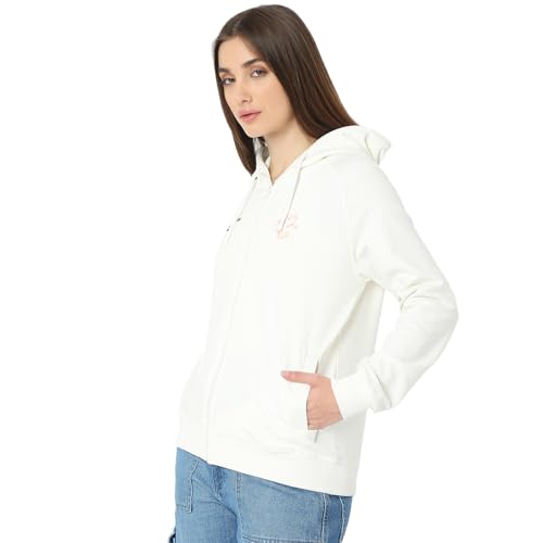 Spykar Women Full Sleeve Hood Regular Fit White Casual Sweatshirt