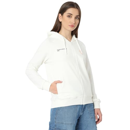 Spykar Women Full Sleeve Hood Regular Fit White Casual Sweatshirt