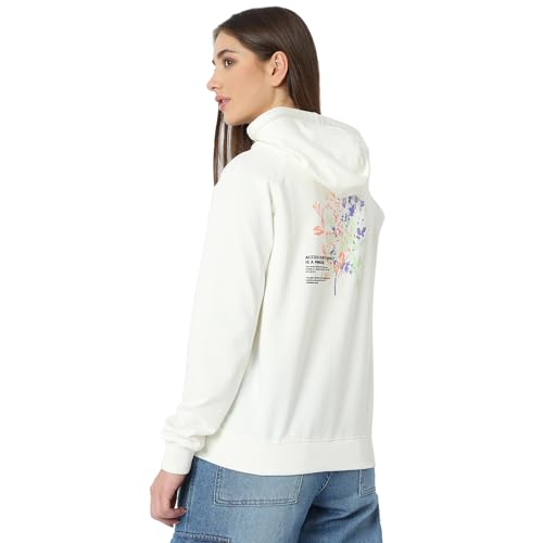 Spykar Women Full Sleeve Hood Regular Fit White Casual Sweatshirt