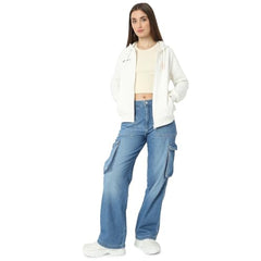 Spykar Women Full Sleeve Hood Regular Fit White Casual Sweatshirt