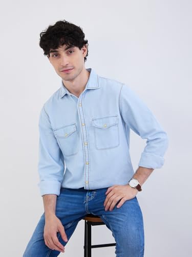 Spykar Light Blue Slim Fit Casual Shirts for Men