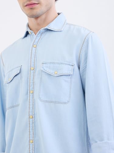 Spykar Light Blue Slim Fit Casual Shirts for Men