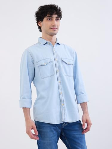 Spykar Light Blue Slim Fit Casual Shirts for Men