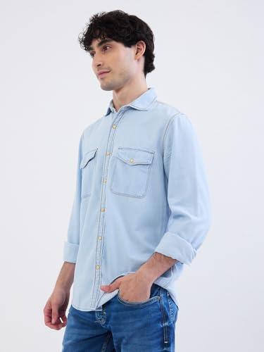 Spykar Light Blue Slim Fit Casual Shirts for Men