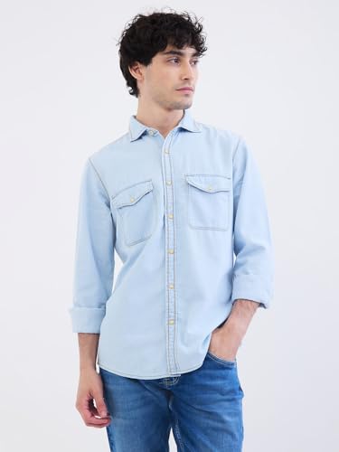 Spykar Light Blue Slim Fit Casual Shirts for Men