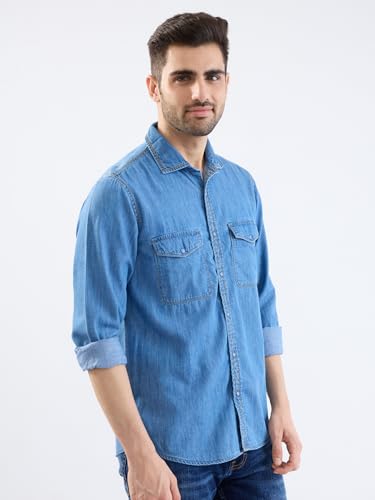 Spykar Dark Blue Slim Fit Casual Shirts for Men