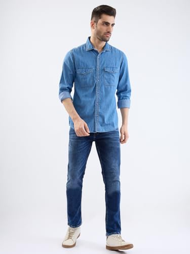 Spykar Dark Blue Slim Fit Casual Shirts for Men
