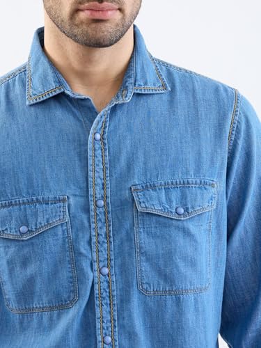 Spykar Dark Blue Slim Fit Casual Shirts for Men