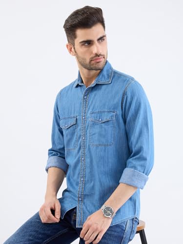 Spykar Dark Blue Slim Fit Casual Shirts for Men