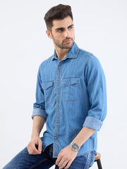 Spykar Dark Blue Slim Fit Casual Shirts for Men