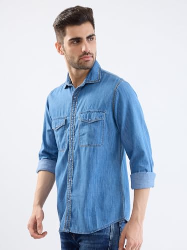 Spykar Dark Blue Slim Fit Casual Shirts for Men