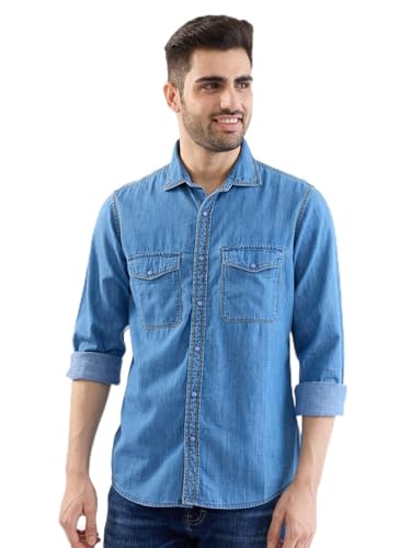 Spykar Dark Blue Slim Fit Casual Shirts for Men