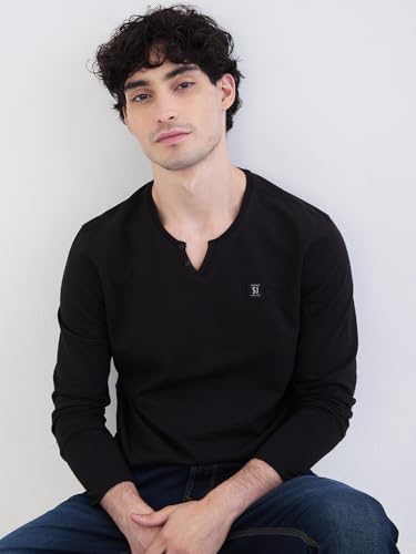 SPYKAR Men's Solid Slim Fit T-Shirt (MKTFT2BE145BLACK_Black