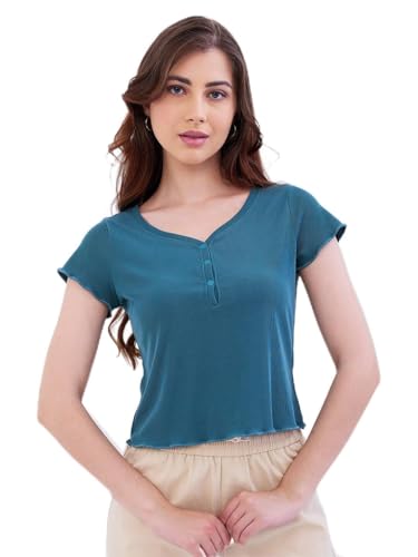 Spykar Marine Teal Blue Slim Fit Casual T-Shirts for Women