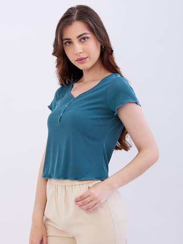 Spykar Marine Teal Blue Slim Fit Casual T-Shirts for Women