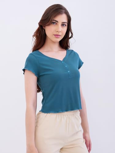 Spykar Marine Teal Blue Slim Fit Casual T-Shirts for Women
