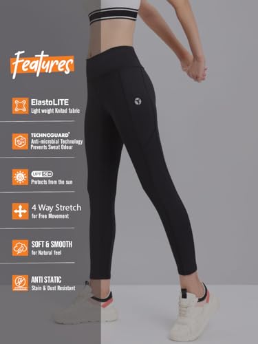 TECHNOSPORT Women's Slim Fit Active Running Tights - (WPOR75BLKSML_Black_S) Pack of 1