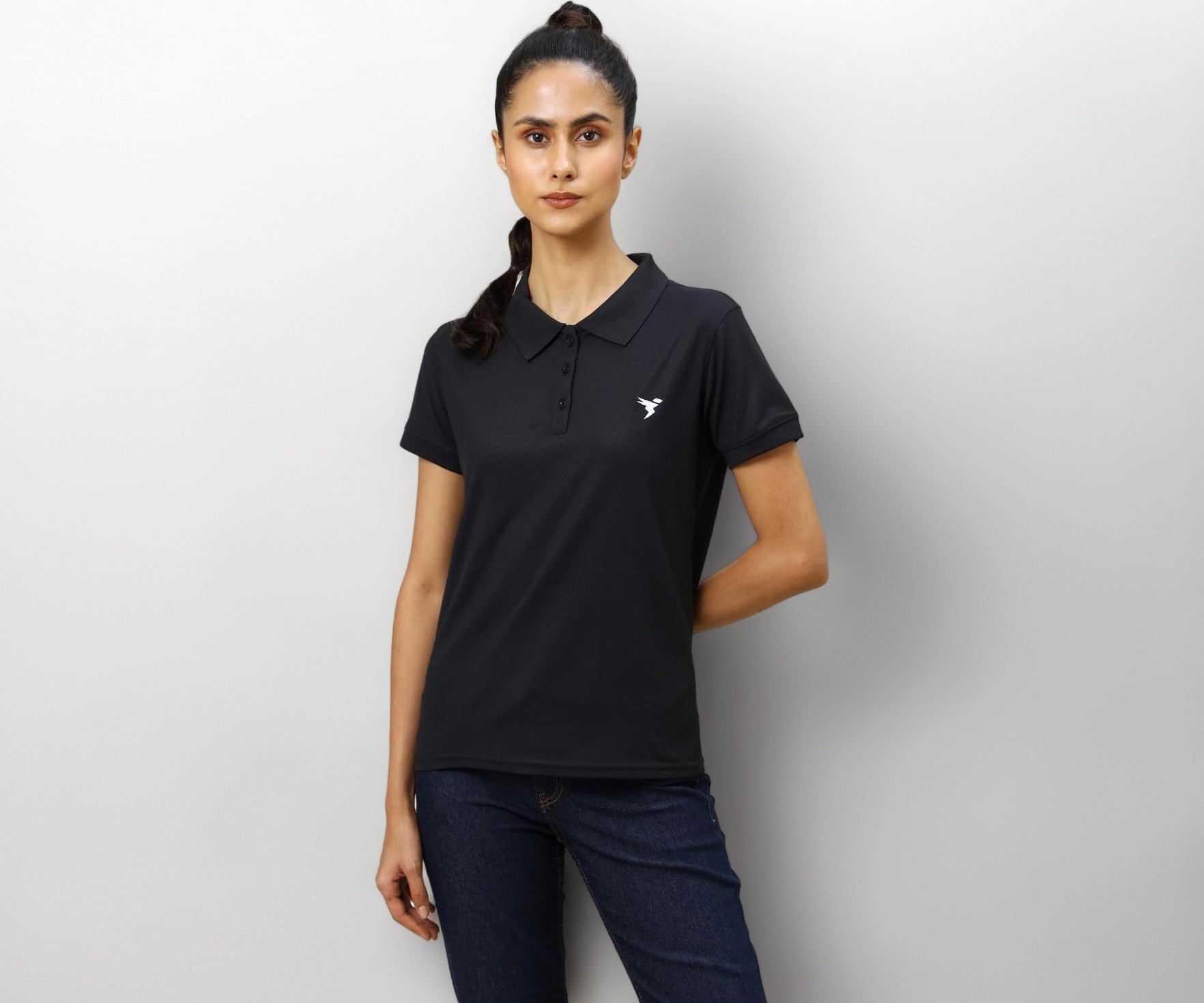 TECHNOSPORT W129 Womens T-Shirt Pique Polo Neck Half Sleeve Black M (WTW129BLKMED)