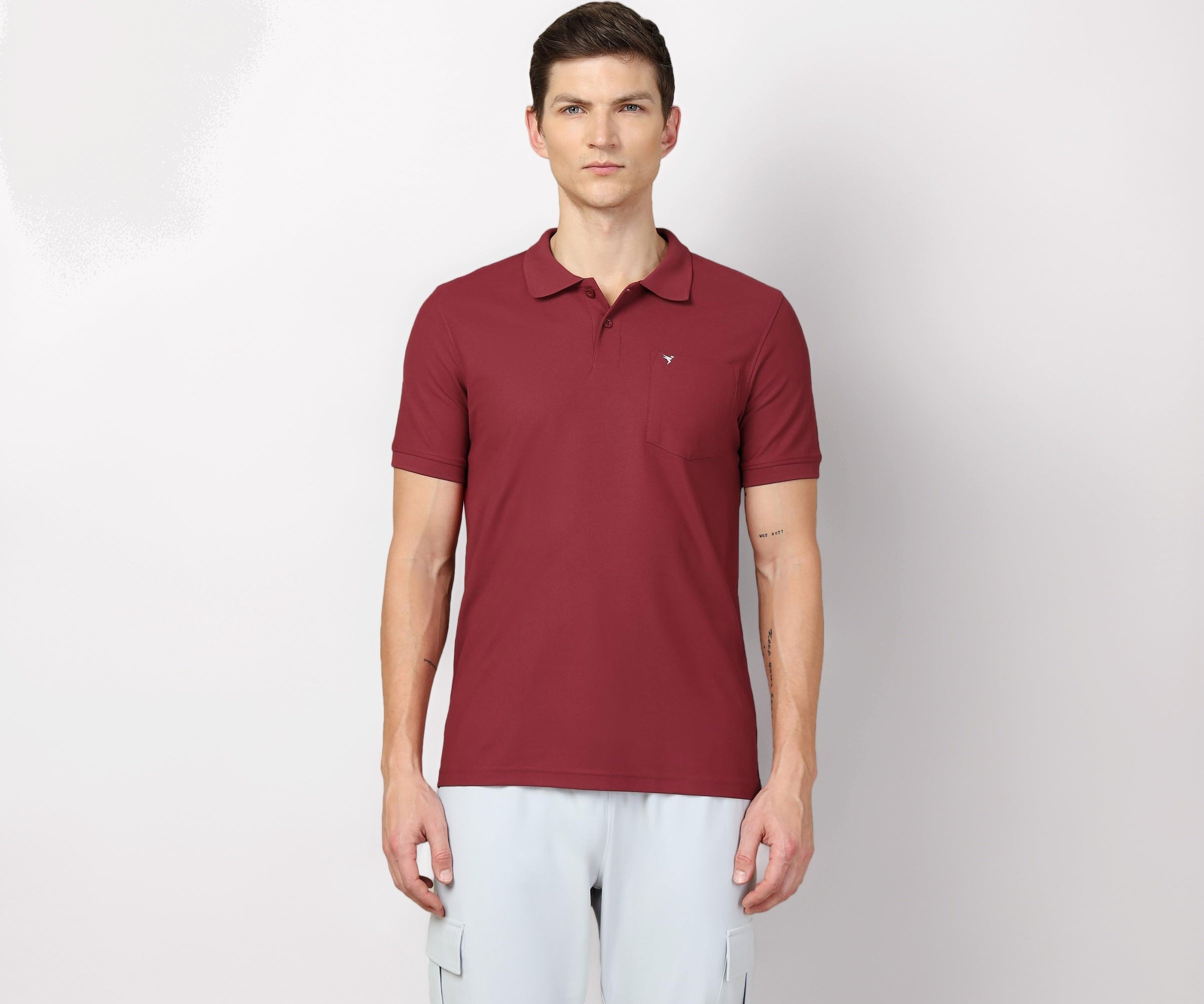 TECHNOSPORT Men's Slim Fit Polo T-Shirt with Pocket - (MTOR71BRDLAR_Berry Red_L)