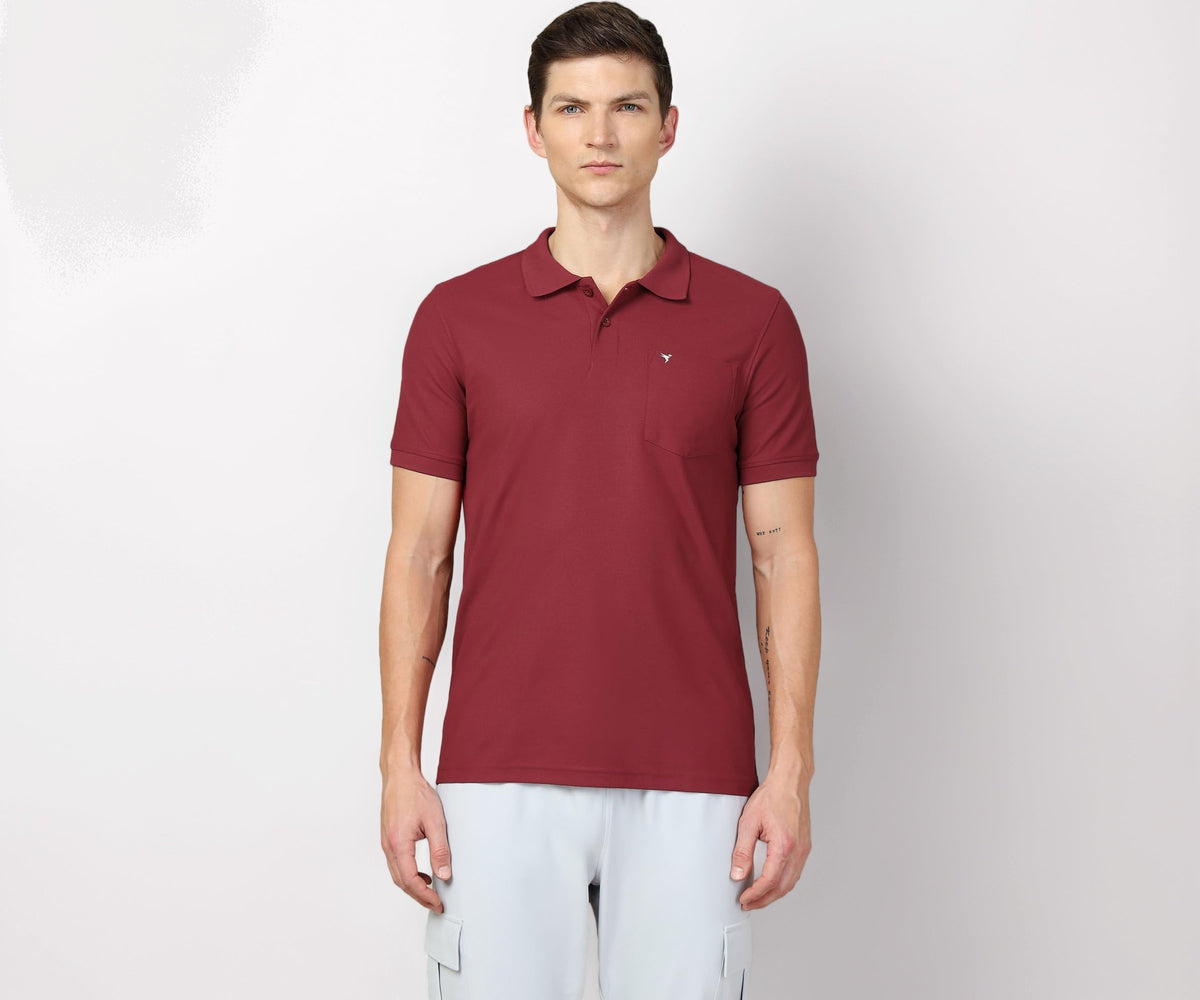 TECHNOSPORT Men's Slim Fit Polo T-Shirt with Pocket - (MTOR71BRDLAR_Berry Red_L)