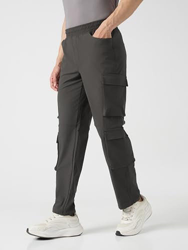 TECHNOSPORT Men Solid Relaxed Fit Sports Cargo Trackpants with DURACOOL+ (Olive) Polyester Cargo Track Pants for Man