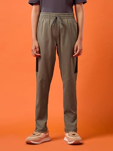 TECHNOSPORT Boys Slim Fit Sports Trackpants (Olive) Kids Track Pants with TS Flexi Moisture-Wicking Fabric, Cargo Pockets, Drawstring | Track Pants for Boys 10-12 Years