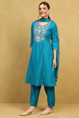 Rangriti Women's Polyester Kurta Set (REVKASA22286AW25TEAL_Teal