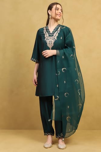 Rangriti Women's Polyester Kurta Set (CHRIMA22265AW25DPGR_Deep Green