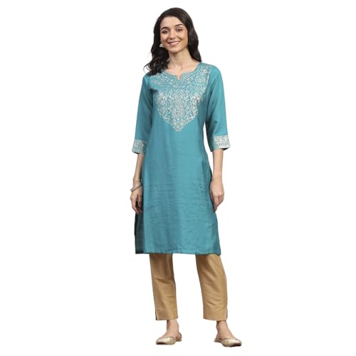 Rangriti Women's Viscose Blend Solid Straight Kurta (FESESN20857AW25TEAL_Teal