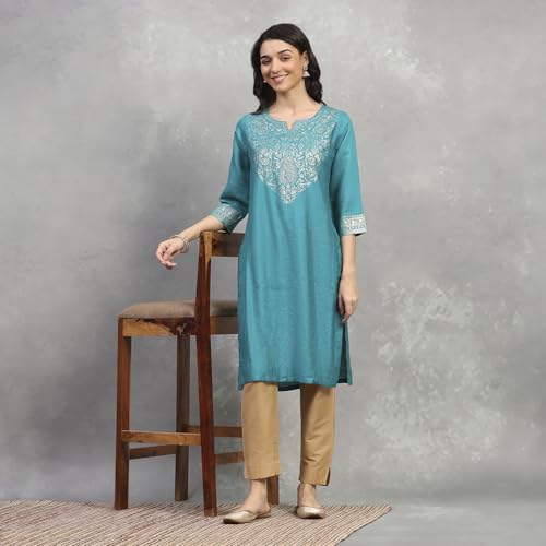 Rangriti Women's Viscose Blend Solid Straight Kurta (FESESN20857AW25TEAL_Teal