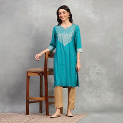 Rangriti Women's Viscose Blend Solid Straight Kurta (FESESN20857AW25TEAL_Teal
