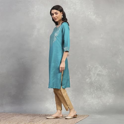 Rangriti Women's Viscose Blend Solid Straight Kurta (FESESN20857AW25TEAL_Teal