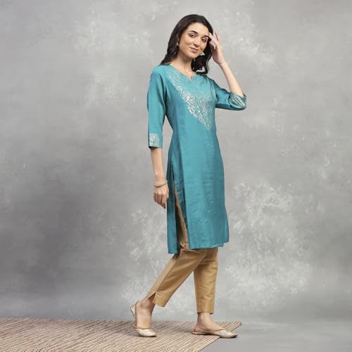 Rangriti Women's Viscose Blend Solid Straight Kurta (FESESN20857AW25TEAL_Teal