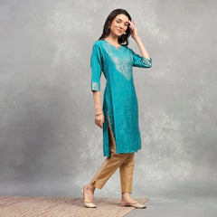 Rangriti Women's Viscose Blend Solid Straight Kurta (FESESN20857AW25TEAL_Teal