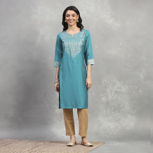 Rangriti Women's Viscose Blend Solid Straight Kurta (FESESN20857AW25TEAL_Teal