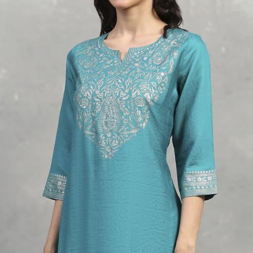 Rangriti Women's Viscose Blend Solid Straight Kurta (FESESN20857AW25TEAL_Teal